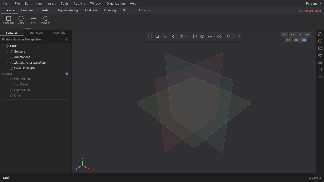 solidSF browser CAD workspace with the feature tree, sketch planes, and modeling toolbar
